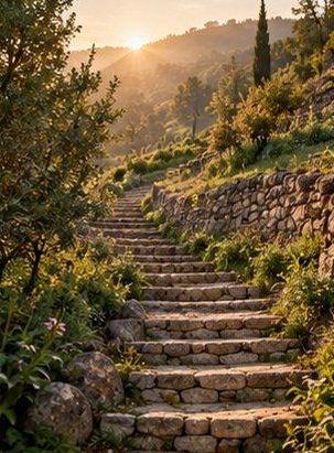 A stone path climbing a green hillside in gentle terraces
