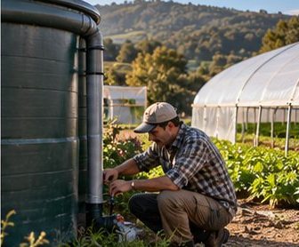Farmer checking a rainwater tank beside a greenhouse