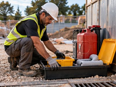 Worker checking a spill kit next to a fuel can on a site compound