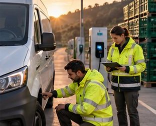 Driver and supervisor checking a delivery van at a charging point
