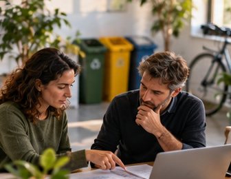 Two colleagues reviewing a printed plan in a bright office