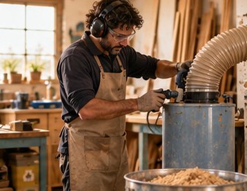Craftsman maintaining a dust extraction unit in a joinery workshop
